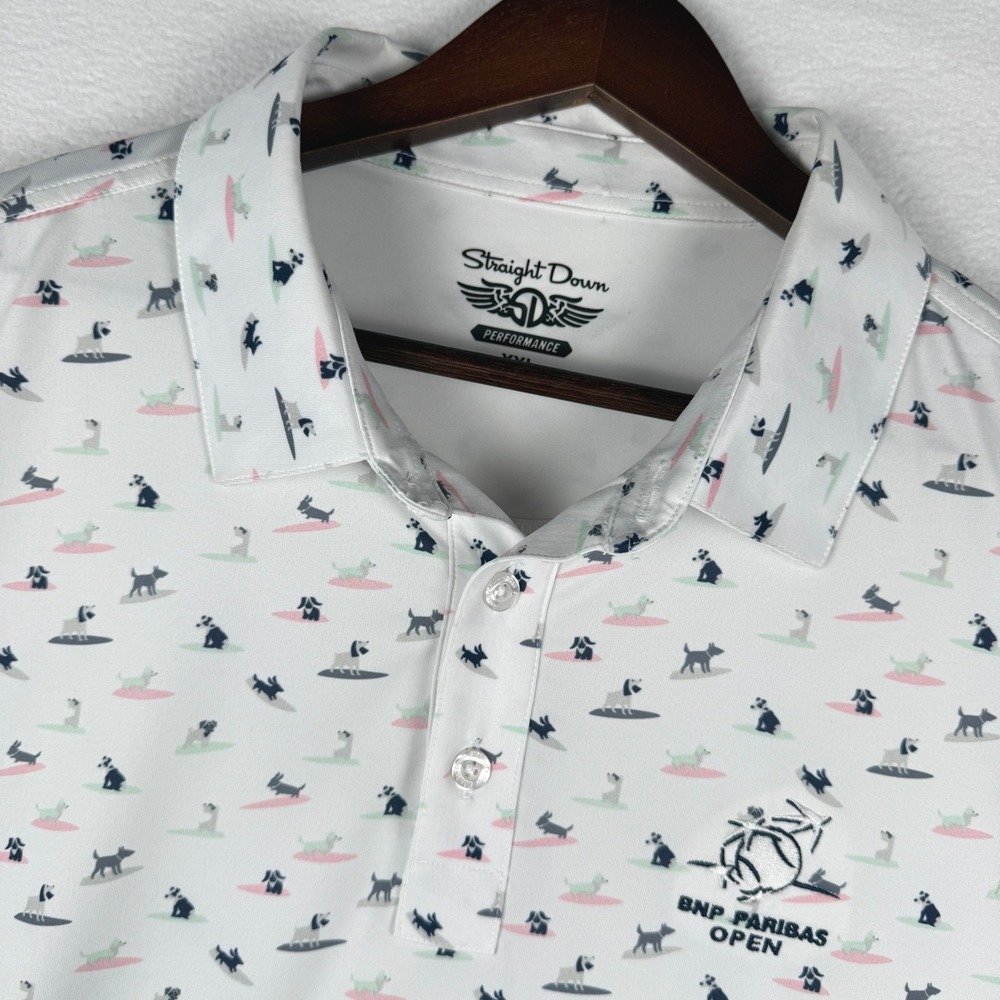 BNP Paribas Open Straight Down Men XXL White Dog Surfboard Print Golf Polo Shirt